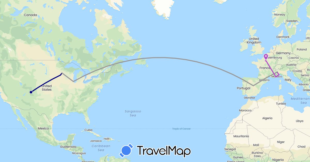 TravelMap itinerary: driving, bus, plane, train, hiking in Spain, France, Italy, Monaco, United States (Europe, North America)